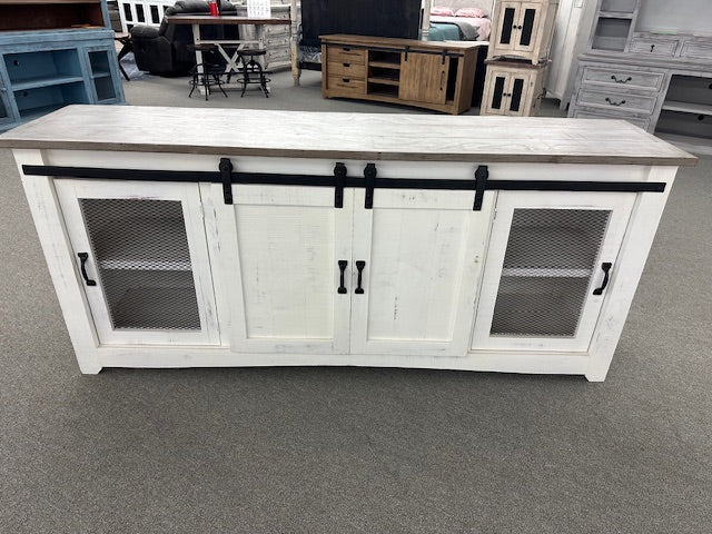 WWP-2133-80 FI-J  79in Sliding Barn Door TV Stand White W/Sand