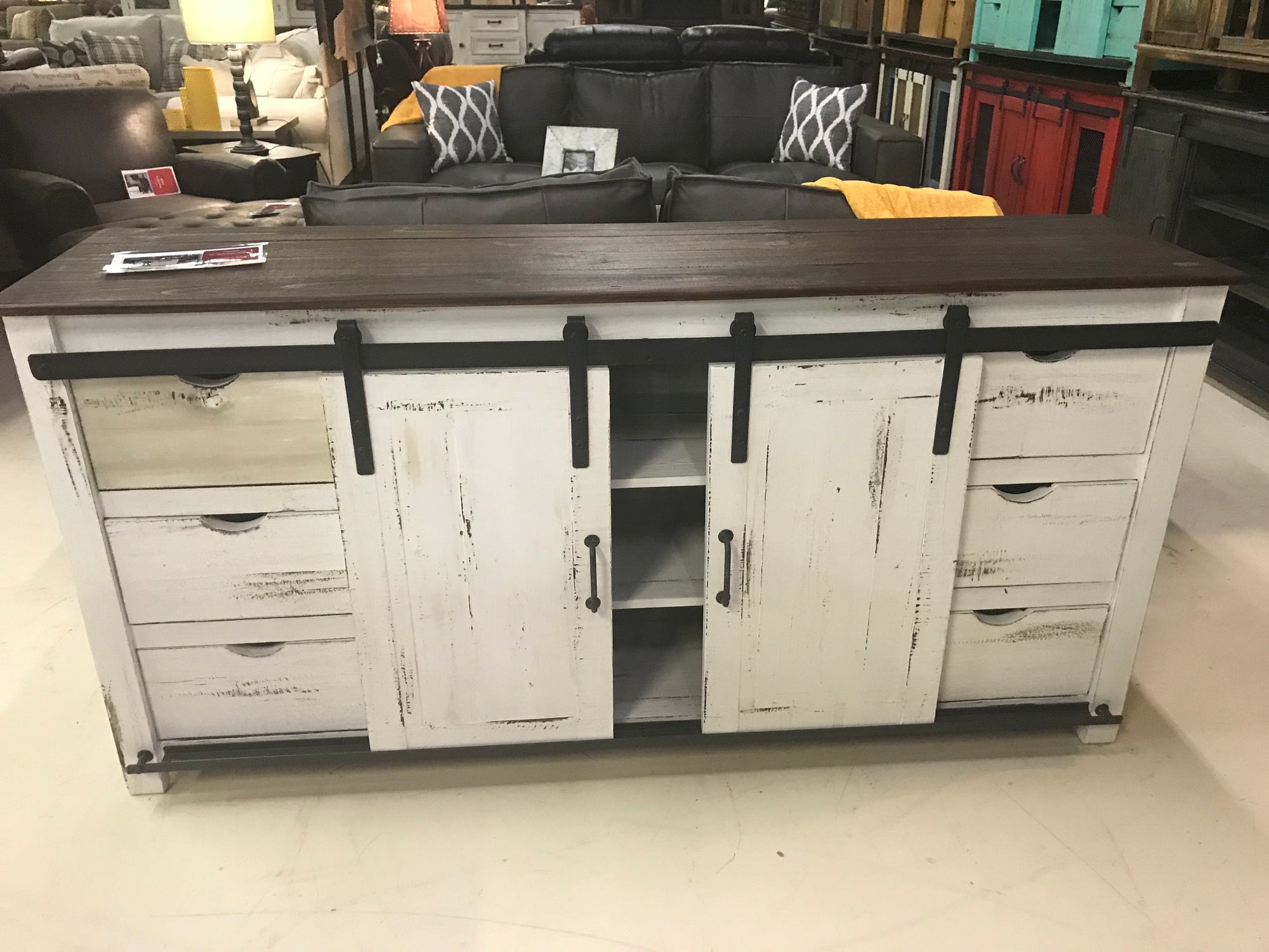 70GlidFI  70" Glide Door TV Stand Distressed White with dark brown top