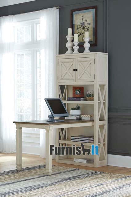 H758-25-28FIA Large beige and brown bookcase with desk extension