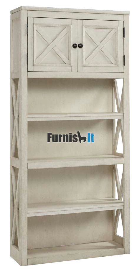 H758-28FIA Large beige Bookcase with four shelves and barnyard cabinets