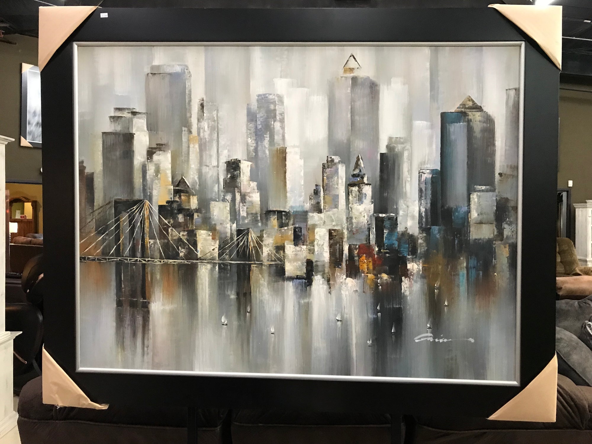 Framed Cityscape Oil on Canvas Art