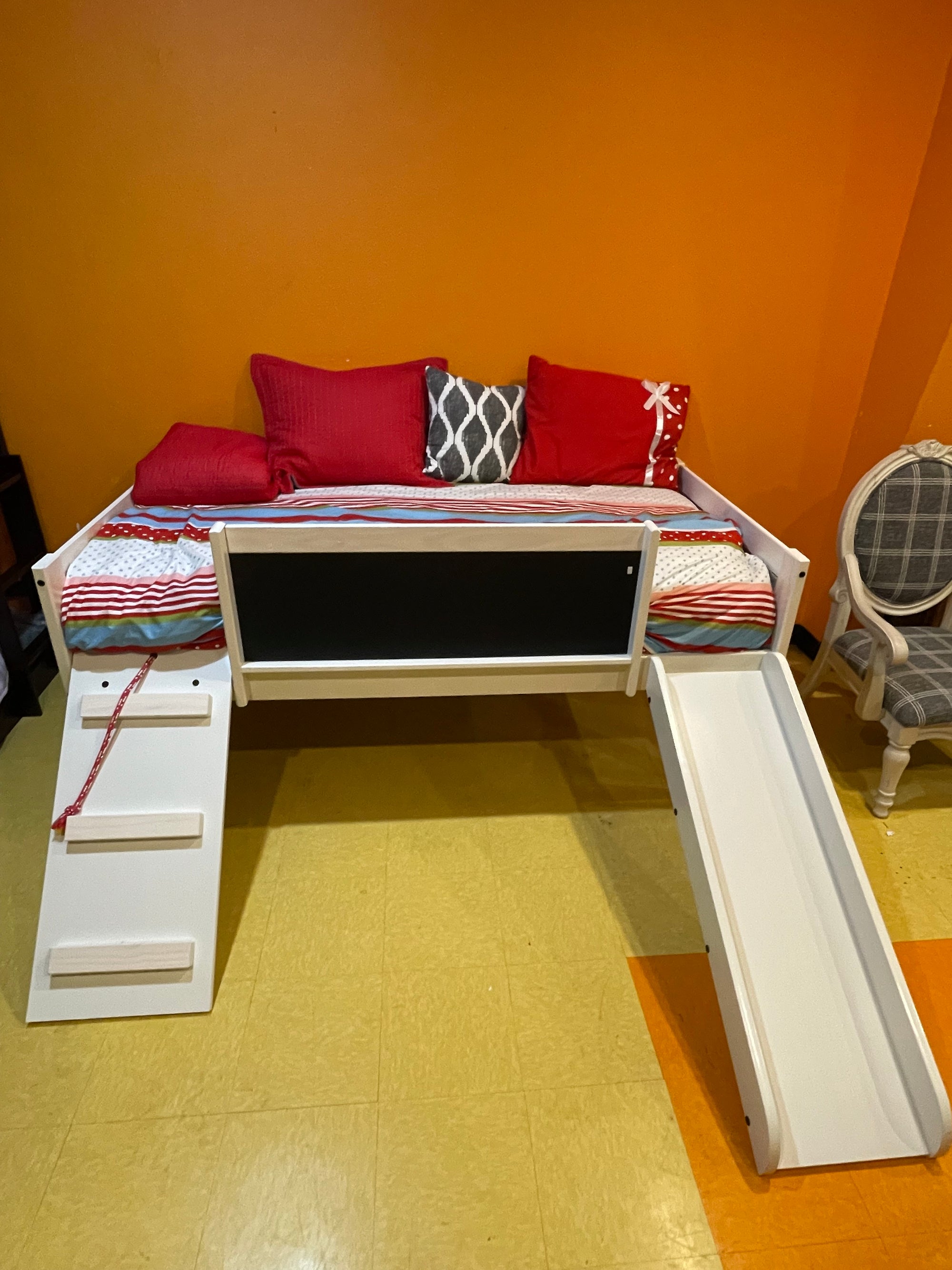 4116-TLWWDG FI-D JR Low Loft Bed w Slide, Chalk Board, and Storage Drawers