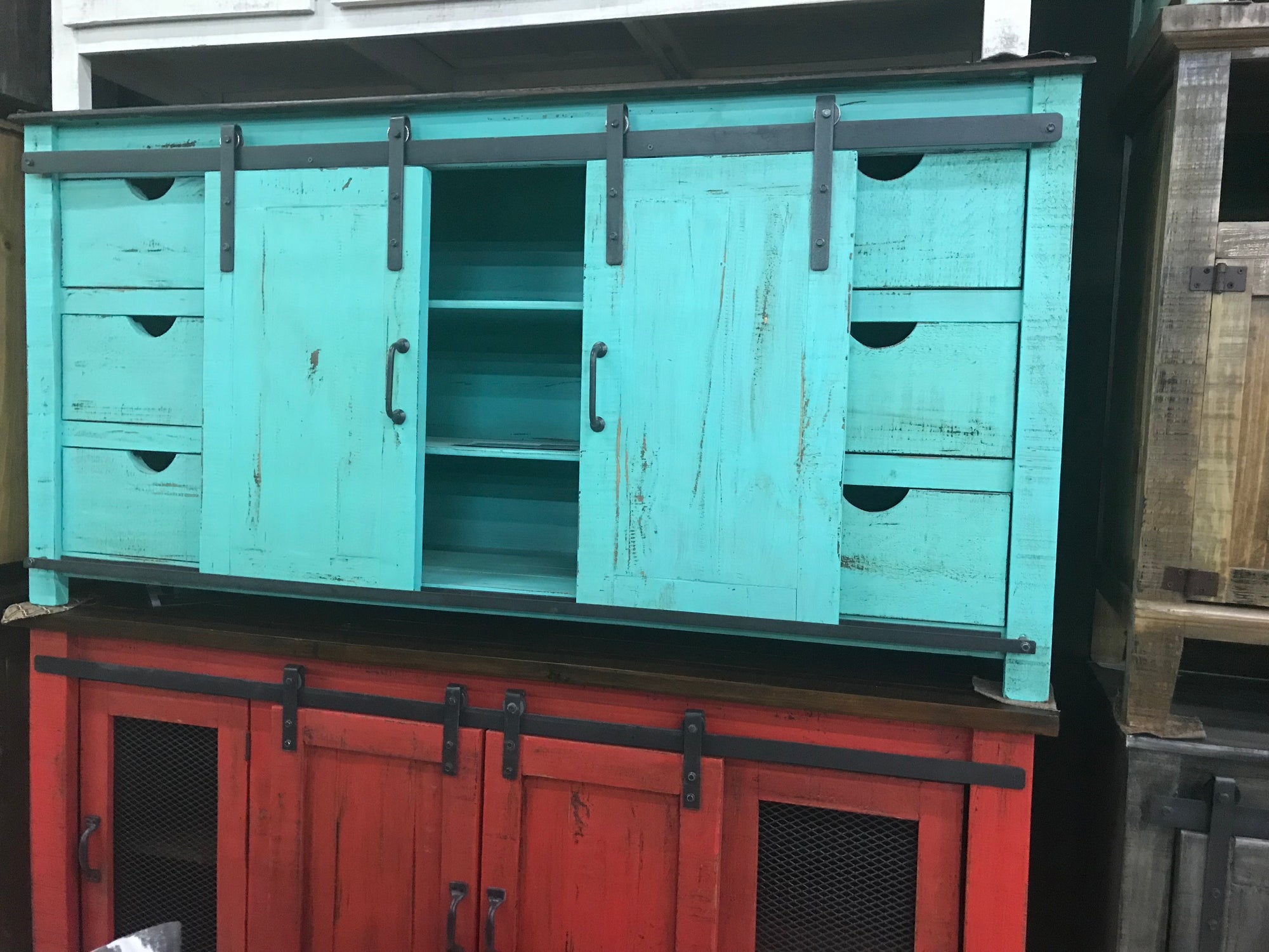 70GLIDFI Glide Door  70" TV Stand  Turquoise with Dark top