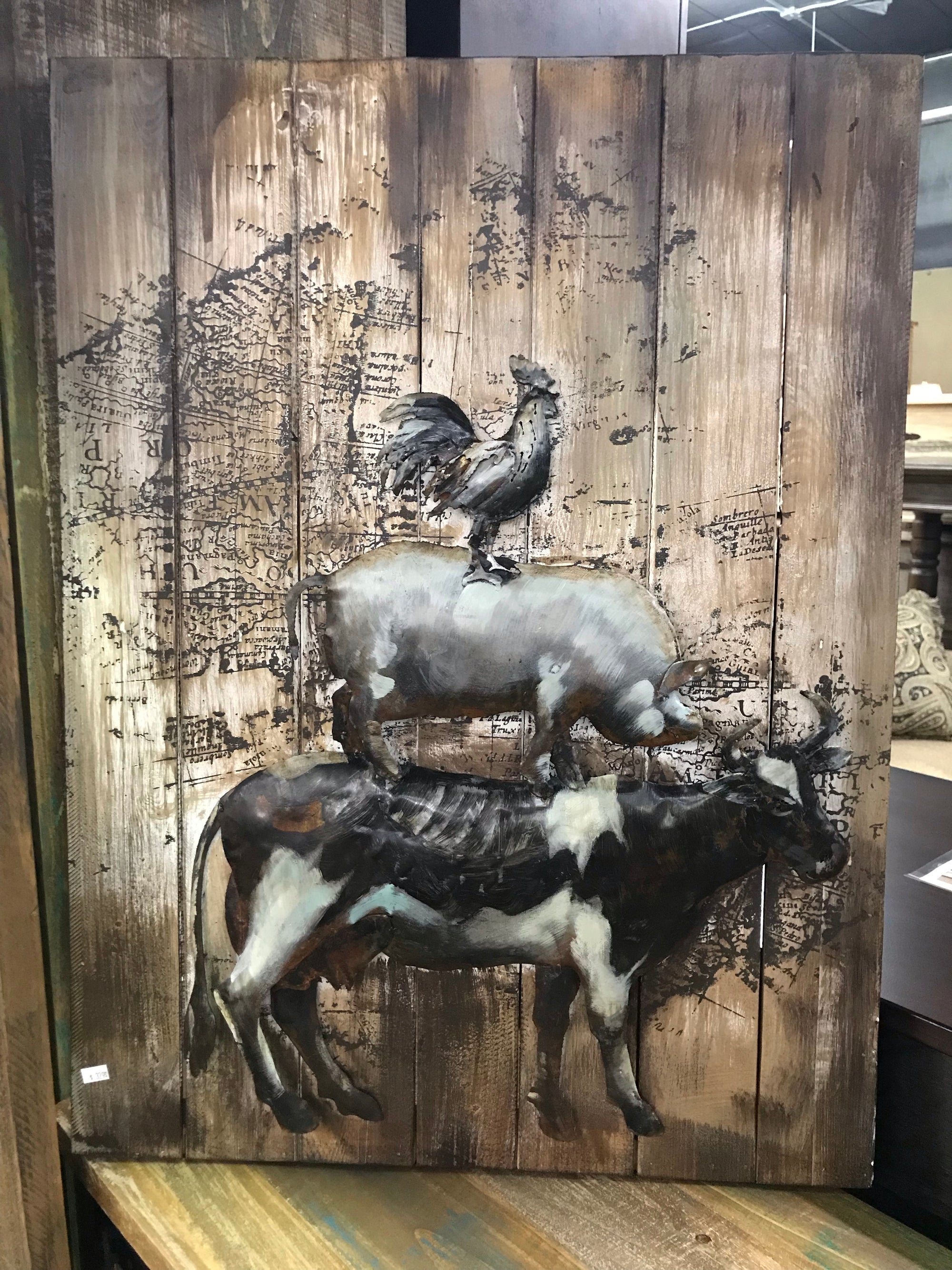 Metal Rooster, Pig, and Cow on Pallet Art