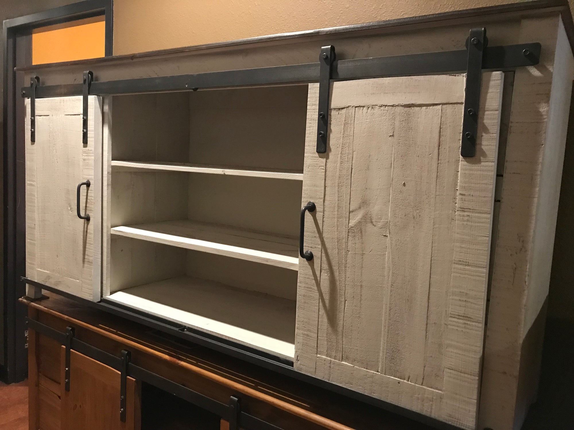 70GlidFI  70" Glide Door TV Stand Distressed White with dark brown top