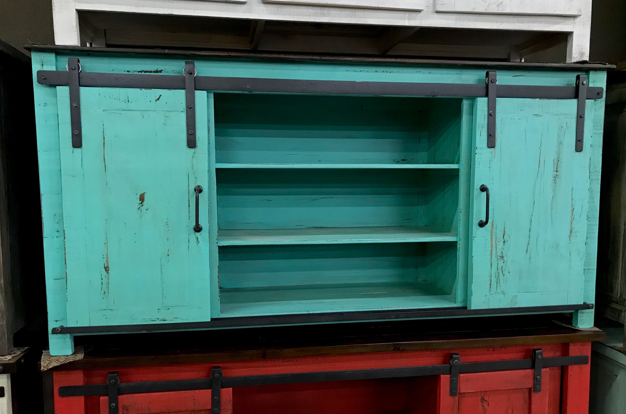 70GLIDFI Glide Door  70" TV Stand  Turquoise with Dark top