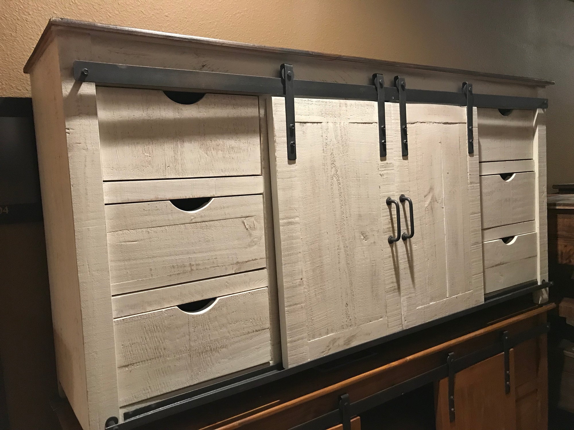 70GlidFI  70" Glide Door TV Stand Distressed White with dark brown top