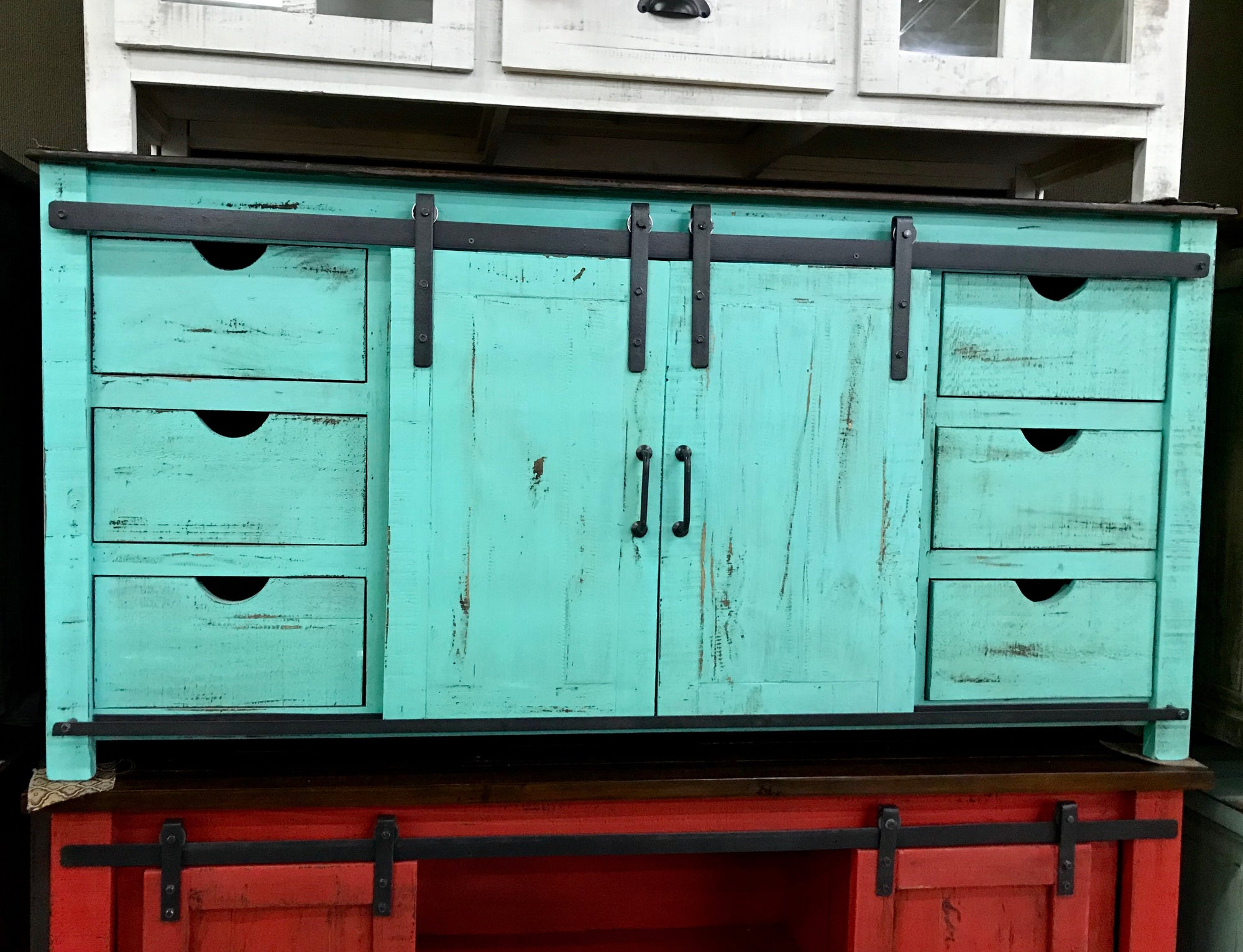 70GLIDFI Glide Door  70" TV Stand  Turquoise with Dark top