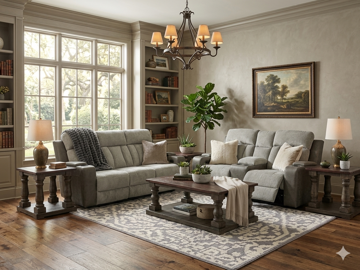 CLEARANCE SALE - PC743 FI-A Reclining Sofa & Loveseat W/Adjustable Headrest, Heat & Massage