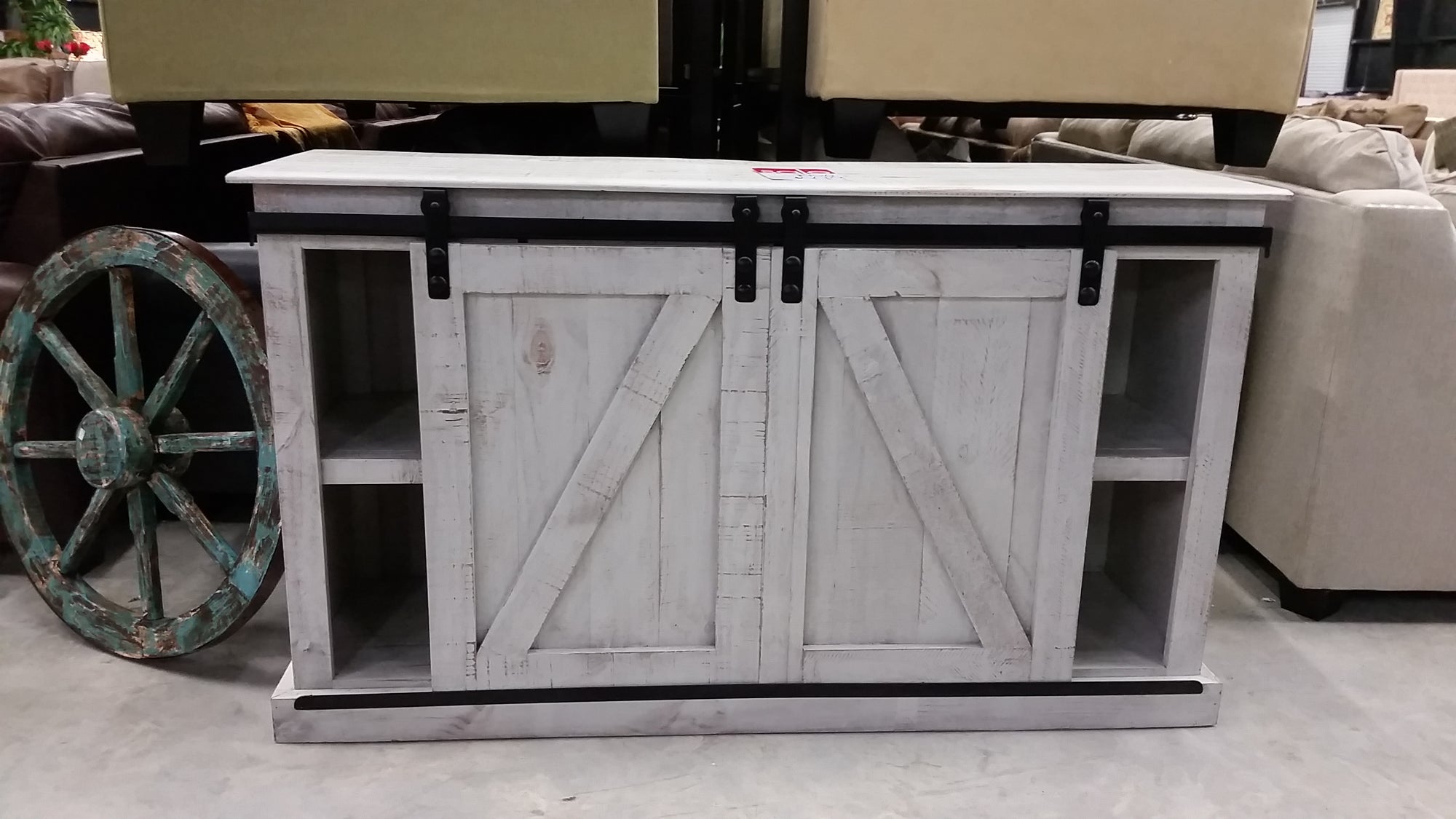 Distressed White Barn Door TV Stand