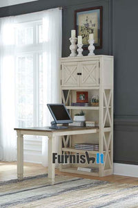 H758-25-28FIA Large beige and brown bookcase with desk extension 