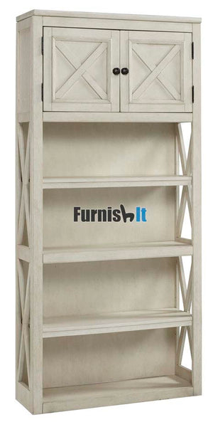 H758-28FIA Large beige Bookcase with four shelves and barnyard cabinets