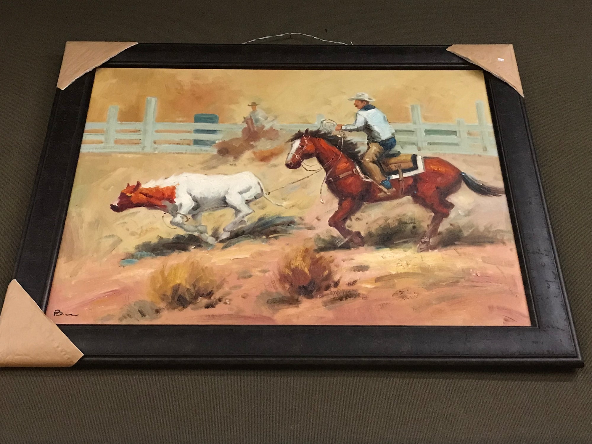 Roping Cowboy Framed Oil on Canvas Art
