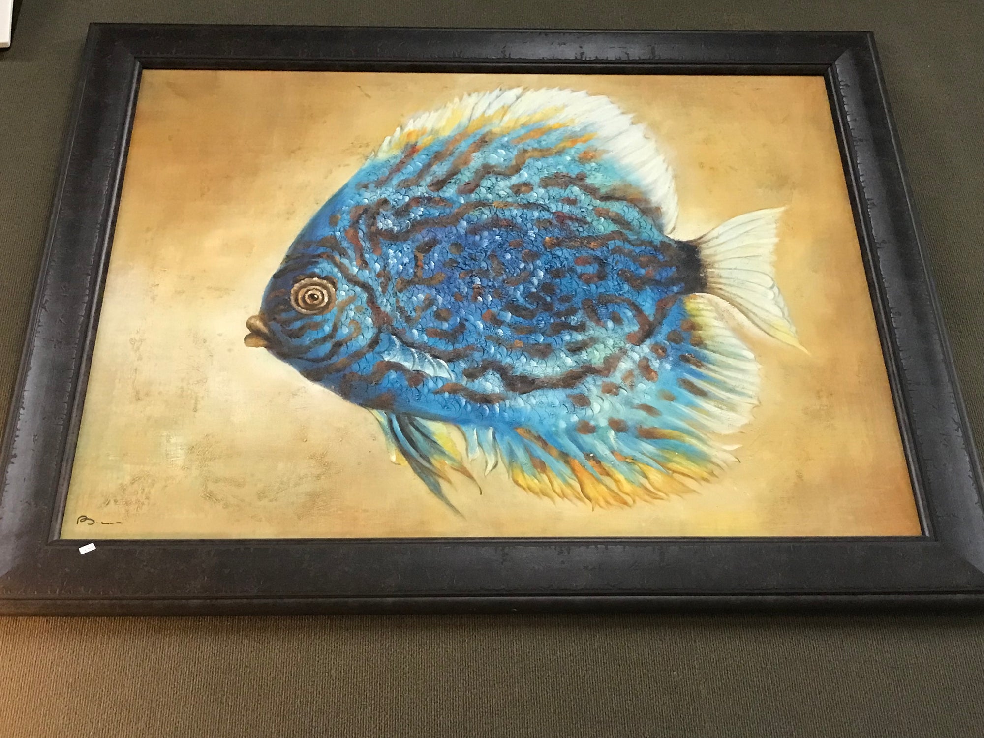 Blue Fish Framed Oil on Canvas Art