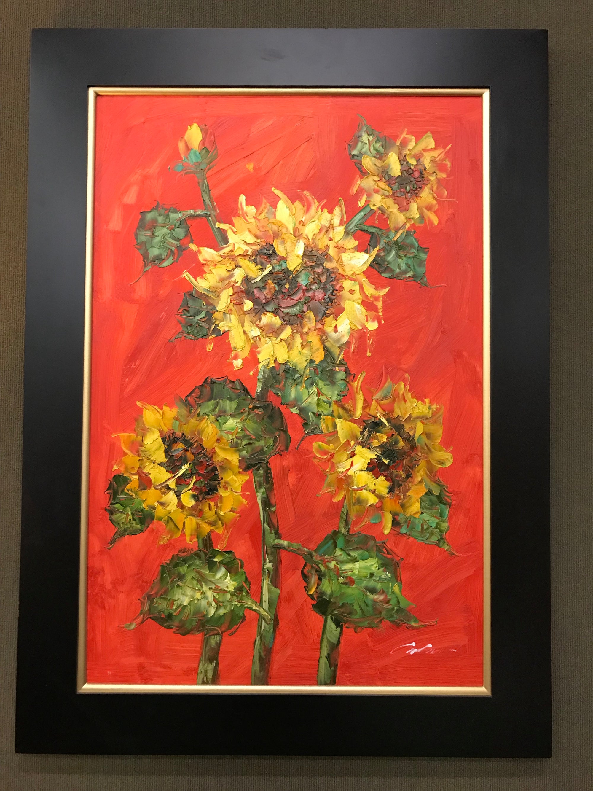 Framed Sunflowers on Red Oil on Canvas Art