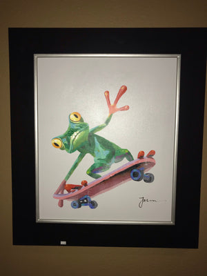 Mosaic Frog on Skateboard on Canvas in Frame