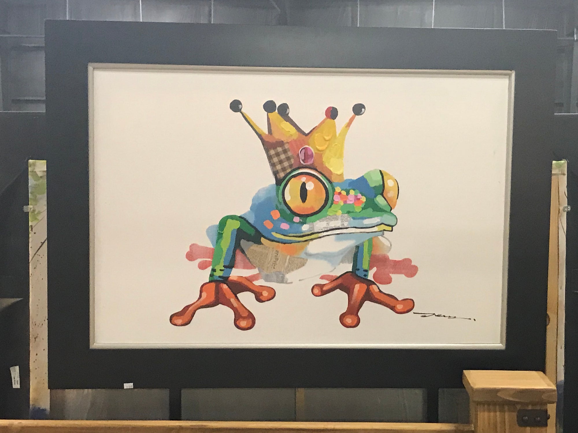 Mosaic Frog with Crown on Canvas in Frame