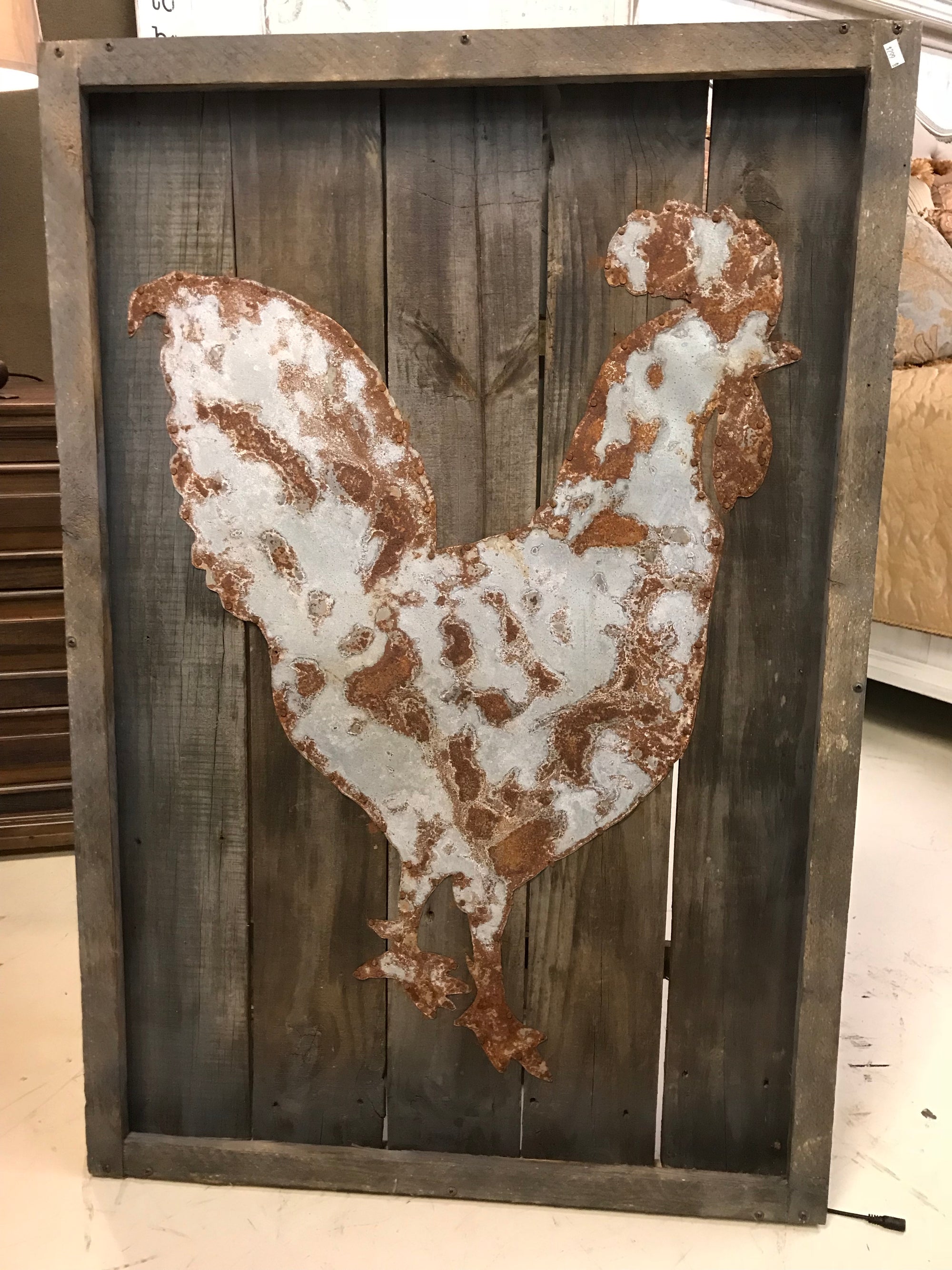 Tin Rooster on Pallet