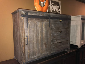 Jon420-2FI 50" TV Stand  with Barn Door and 3 Drawers Weathered wood