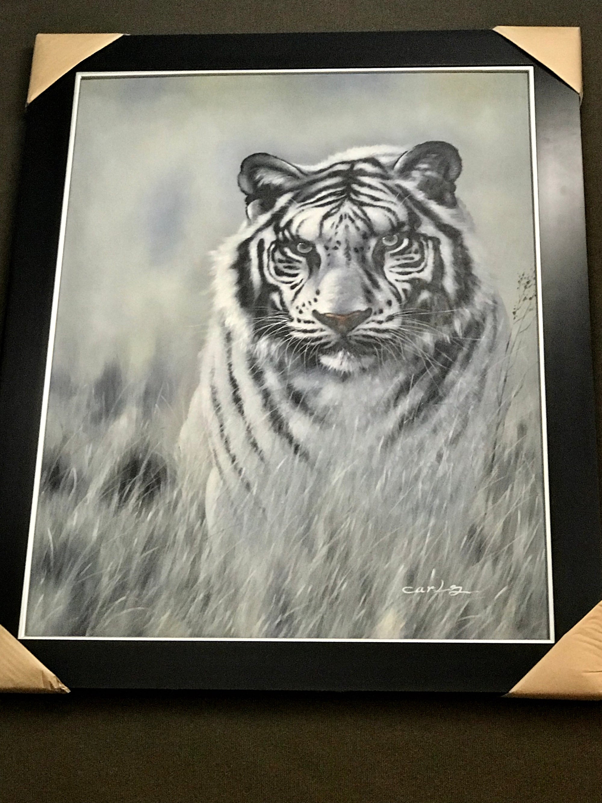 White Tiger Framed Oil on Canvas Art