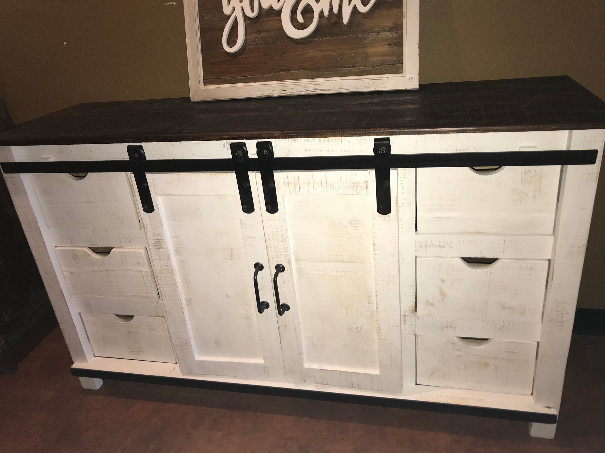 Jon420-FI 60" TV Stand  with Barn Doors and 6 Drawers in Rustic White with Dark top