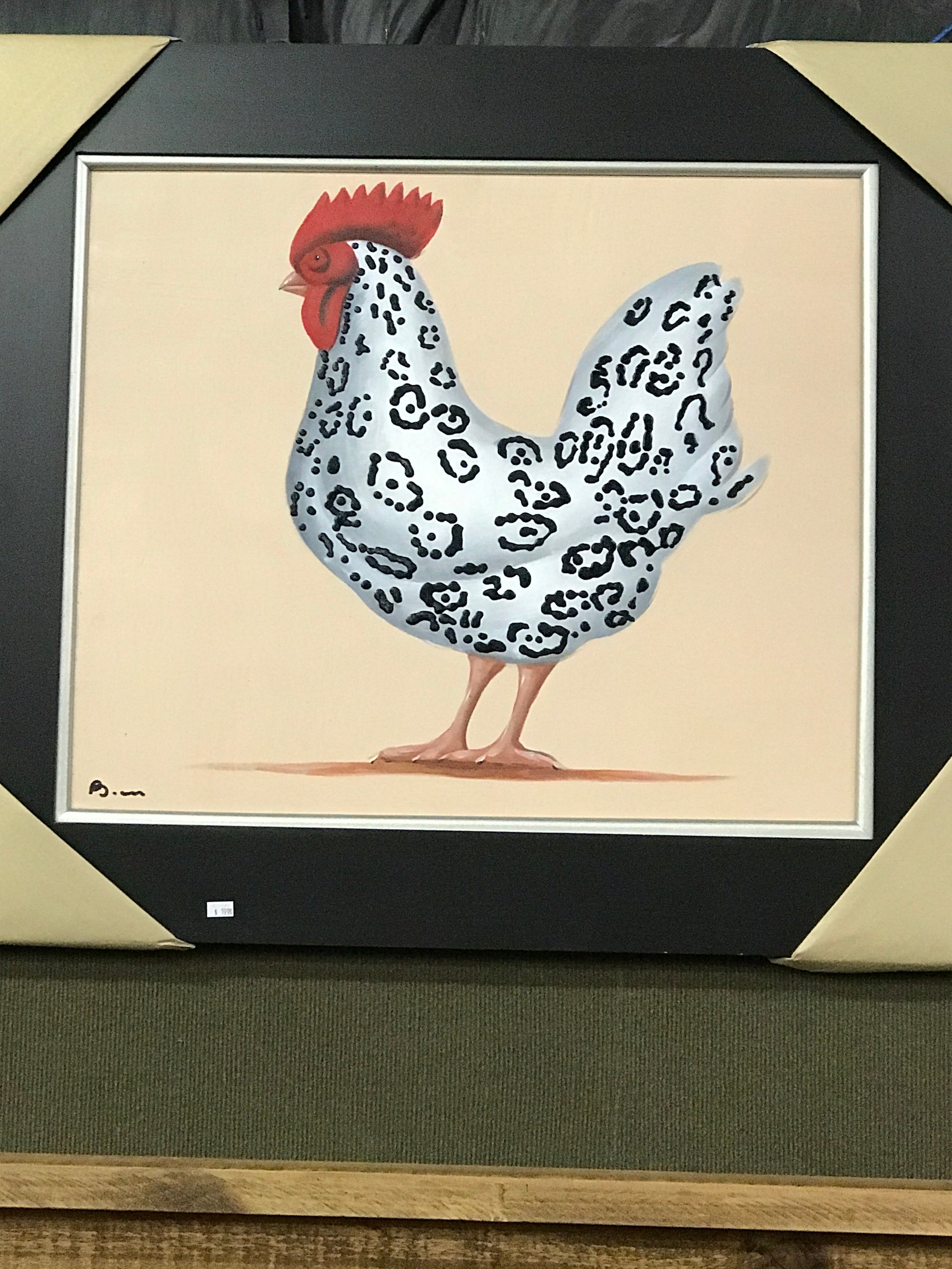 Framed Black and White Chicken Art