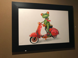 Mosaic Frog on Scooter on Canvas in Frame